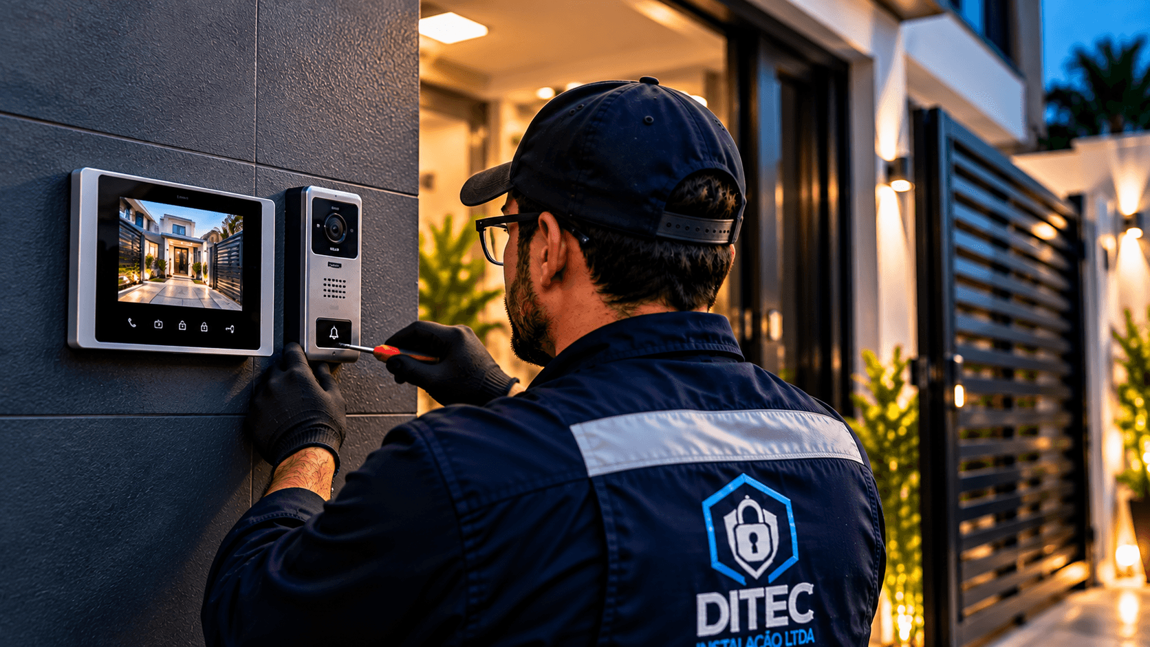 Técnico da DITEC instalando interfone e vídeo porteiro