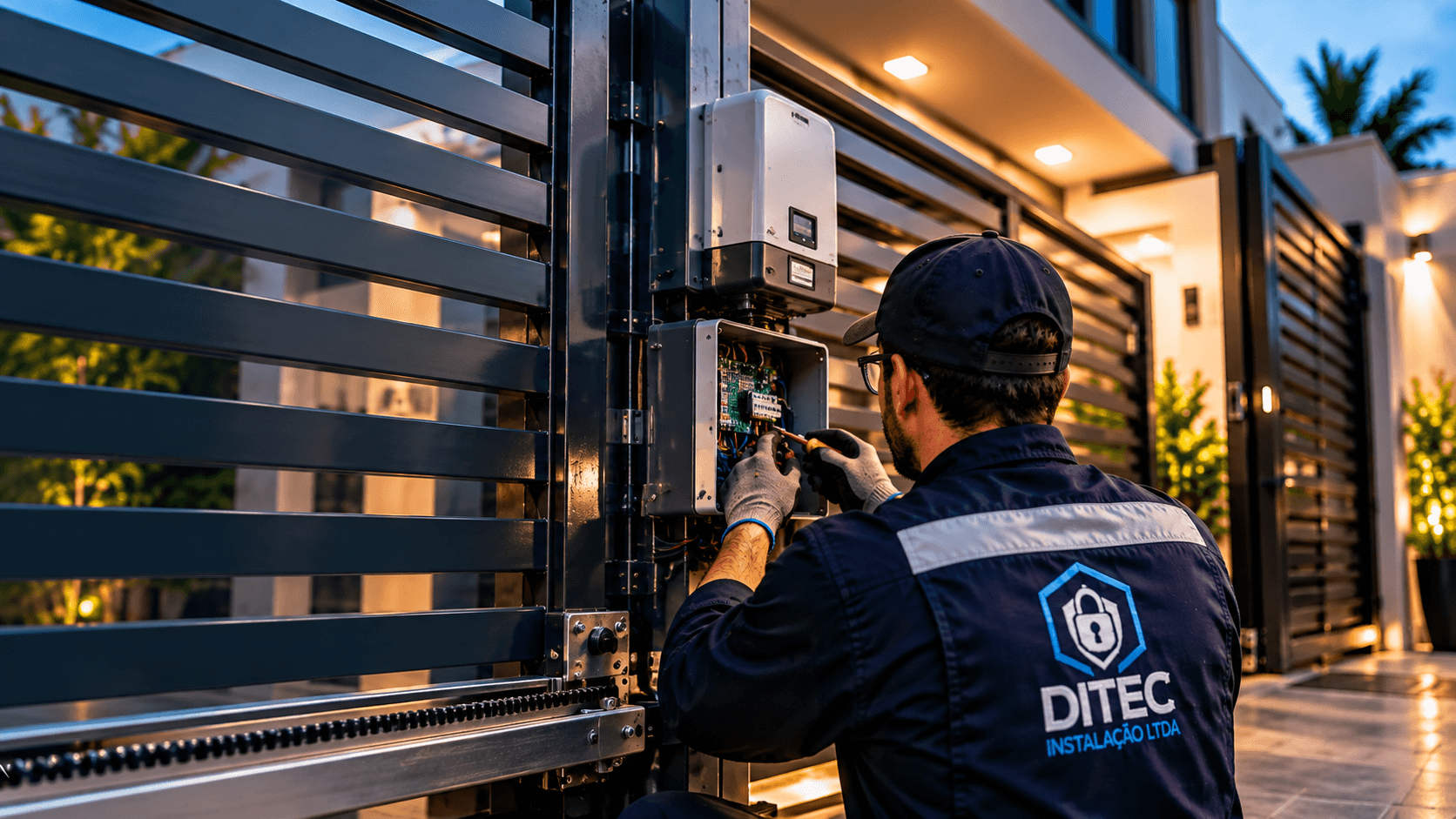 Técnico da DITEC realizando manutenção em portão automático